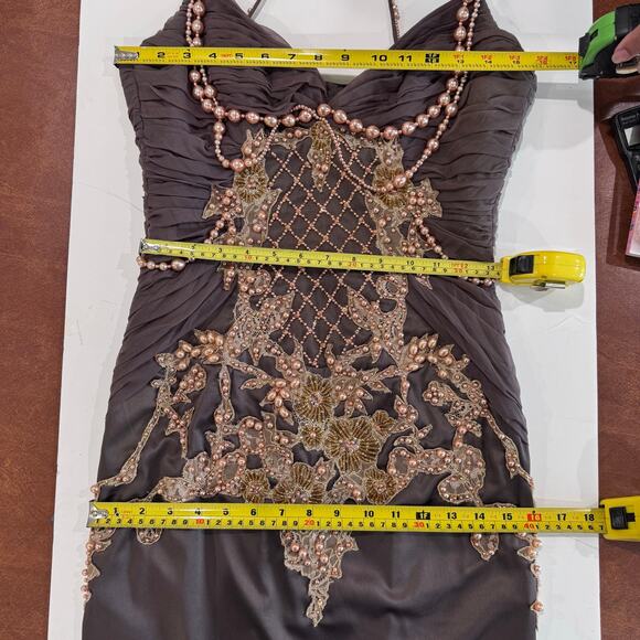 Mandalay Y2K Taupe Midi Dress with peach pearl beads, lace, sequence, sz 8 - Picture 10 of 12